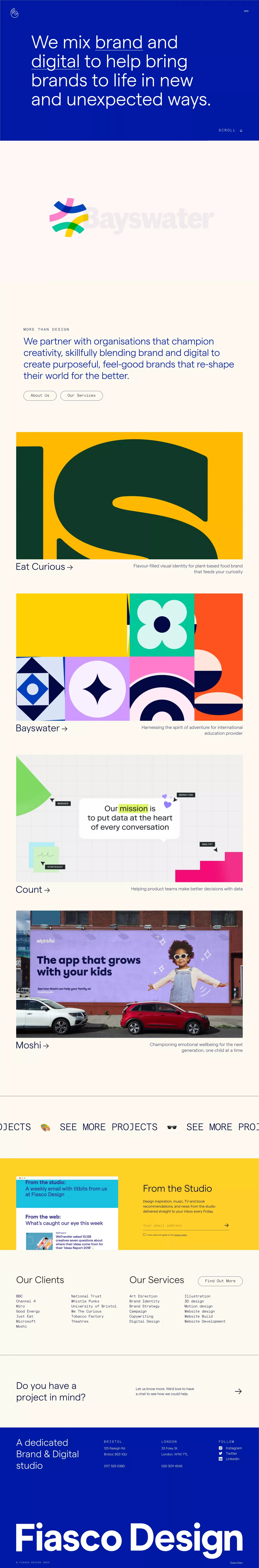 Fiasco Design · Brand + Digital portfolio page screenshot showcasing Design and Tech design