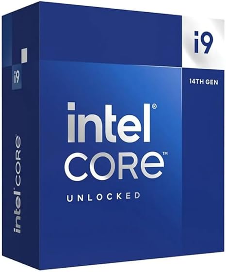 This is an image of the Intel Core i9-14900K/KF processor featuring 24 cores (8 performance and 16 efficient cores), recommended by Xilly on their PC parts list for optimal gaming performance.