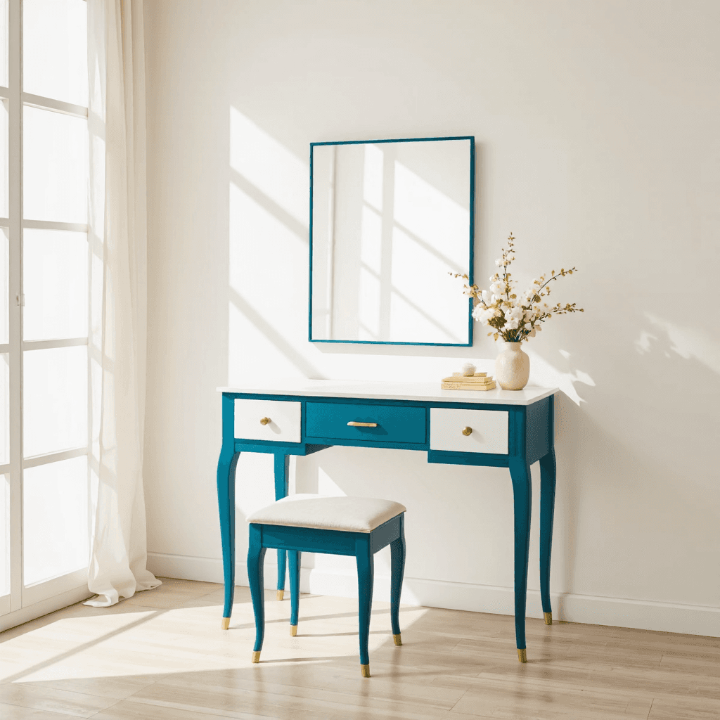 product photography of a vanity table set with a mirror and storage drawers