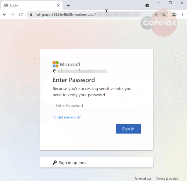 Two clicks later: the spoofed Microsoft password prompt on an unrelated domain, where the credentials are actually captured.