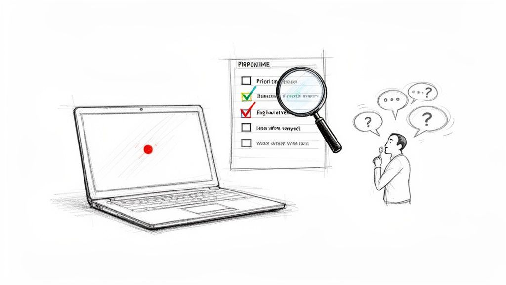 A sketch of a laptop, a checklist with marks, a magnifying glass, and a thoughtful person.