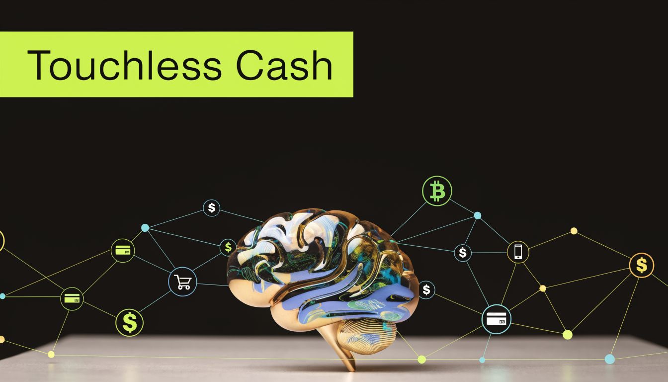 A golden metallic brain model sits on a surface connected to floating digital currency icons and financial symbols.