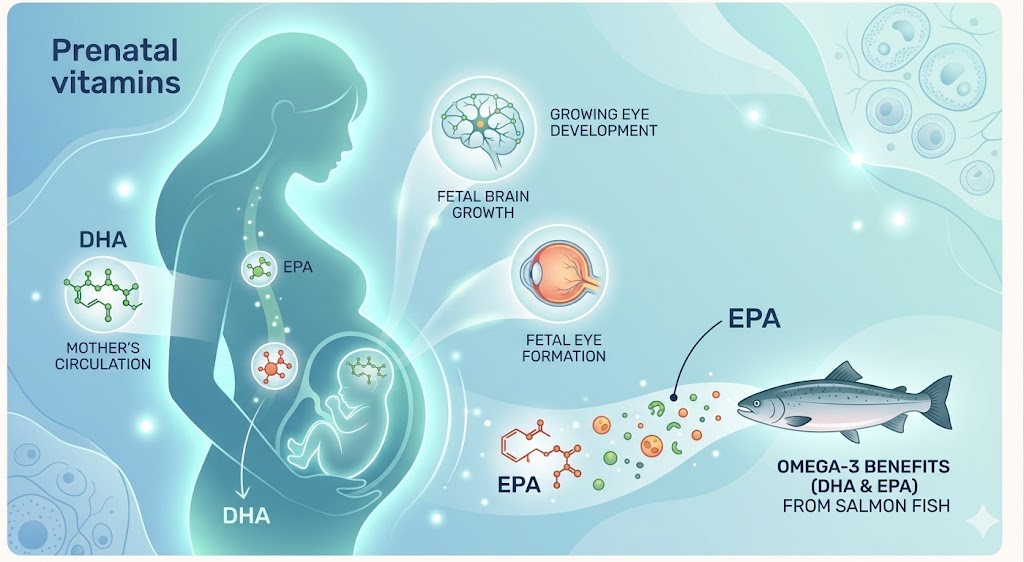 A healthcare infographic on prenatal vitamins illustrating the benefits of EPA and DHA from salmon, showing icons for mother's circulation, fetal brain growth, and fetal eye development.