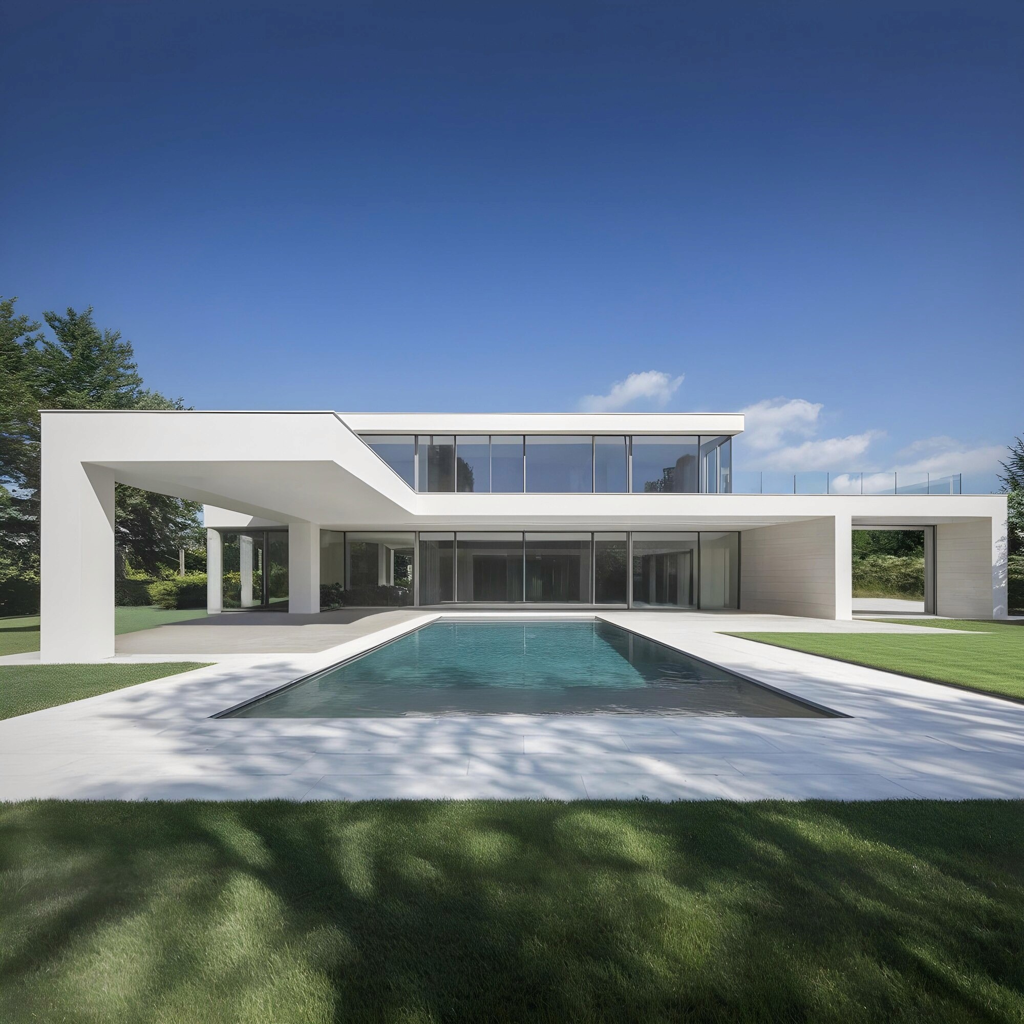 A sleek modern house featuring a spacious swimming pool in the front yard, surrounded by lush greenery.