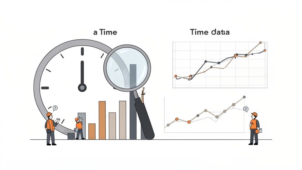 Workers analyze time, discrete events, and continuous time data using charts and graphs.