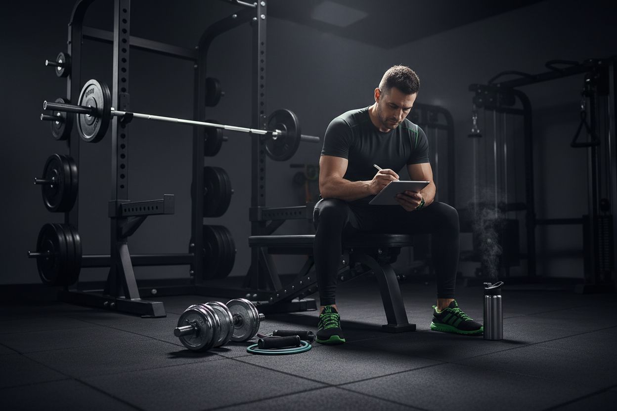 Person writing workout notes beside gym equipment