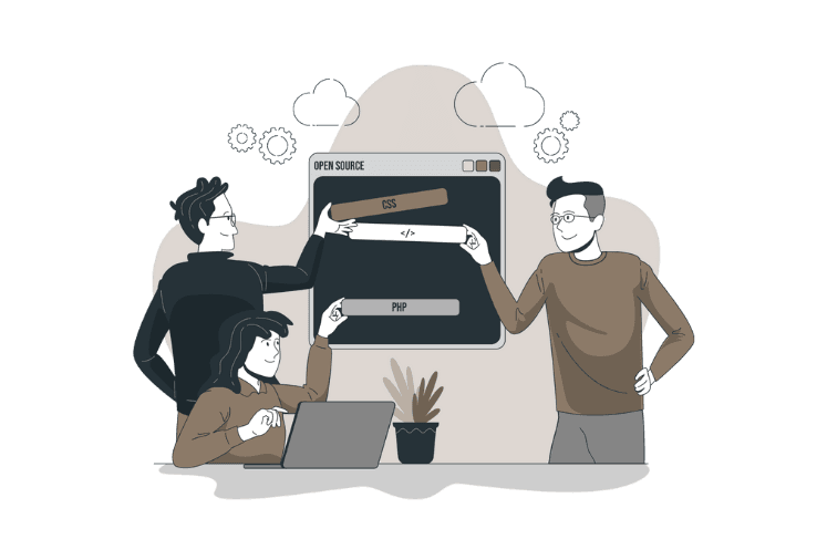 Illustration of developers collaborating with open-source code elements on a screen.