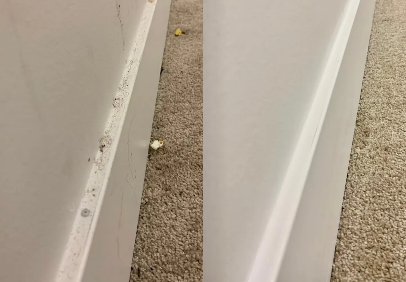 Professional deep clean results: dusty and scuffed white baseboards restored to a spotless finish.