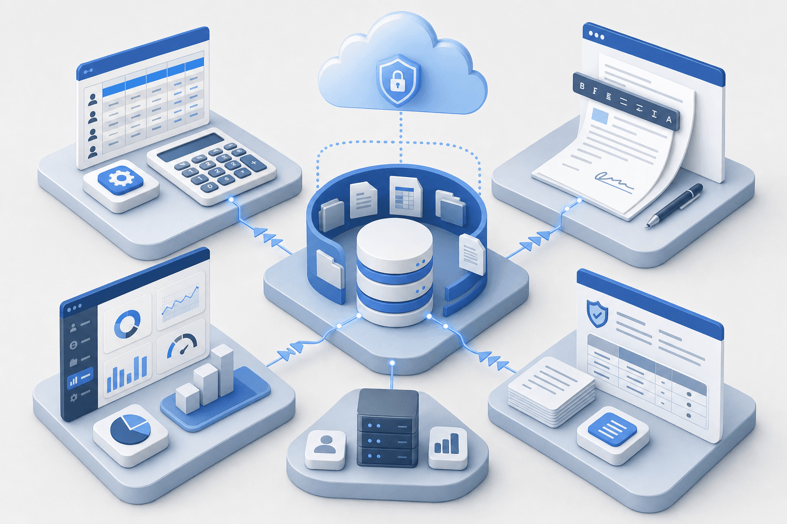 Professional isometric illustration of unified government contracting platform workflow, showing interconnected modules: pricing calculator with labor rate tables flowing seamlessly into proposal document editor, contract management dashboard with performance metrics, and central data library hub connecting all components, all rendered in a clean modern business style with blue and gray tones representing secure cloud infrastructure and data synchronization, no text or letters