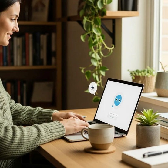 Cozy home office with a person using an AI assistant on a laptop, enhancing productivity