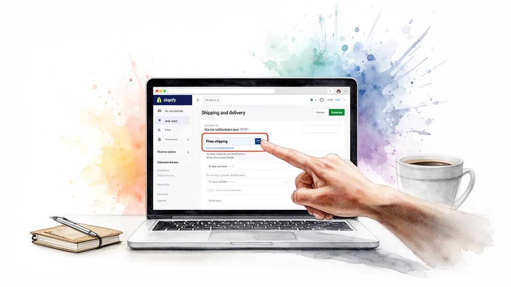 A hand points to the