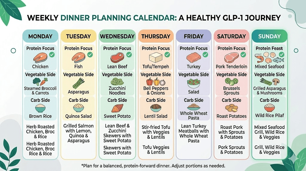 Weekly GLP-1 dinner meal planning calendar with rotating protein sources