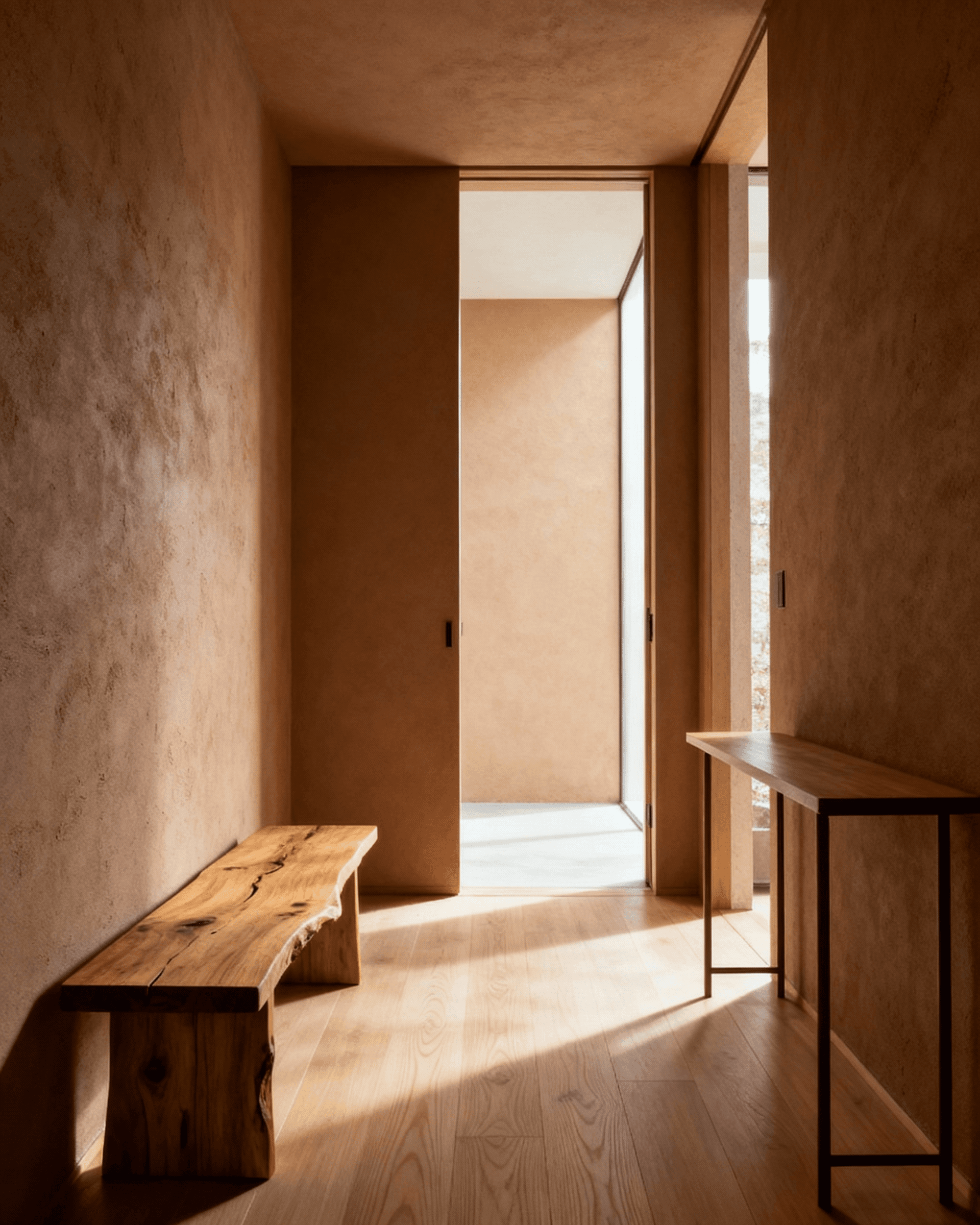 Warm minimalist entryway with earth-toned plaster walls, live-edge wooden bench, modern console, and natural light from adjoining room