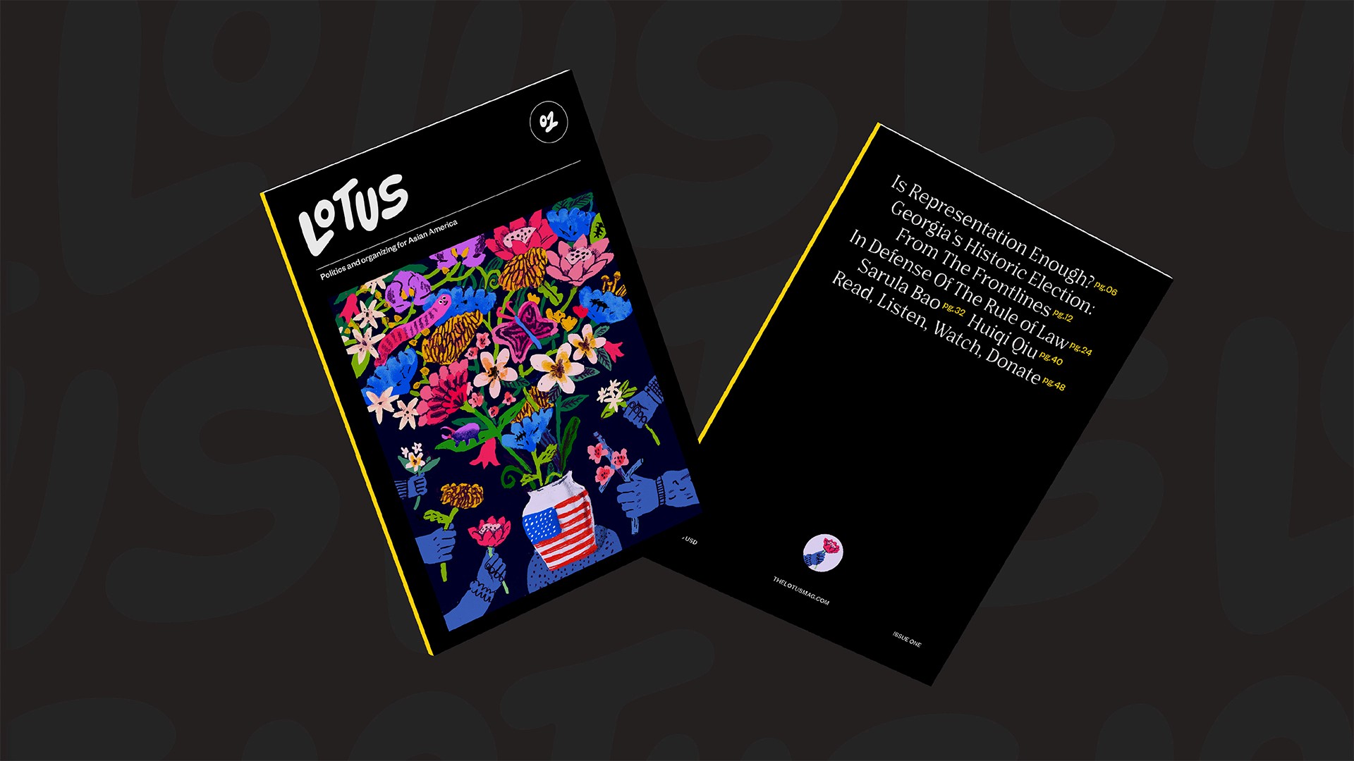 The image shows two sides of a book cover against a dark gray background. The front cover features a vibrant, colorful illustration of hands holding flowers and a potted plant, with a stylized “Lotus” logo in the top left corner. The back cover displays text in white font on a black background, including “Lotus Politics and organizing for Asian American Communities,” “Is Representation Enough? Georgia’s Historic Election: From The Frontlines,” “In Defense Of The Rule of Law,” “Sarula Bao Huqqi Qiu,” and “Read, Listen, Watch, Donate.” A small circular logo is visible near the bottom right. The spine of the book is also visible, showing the title and author information.
