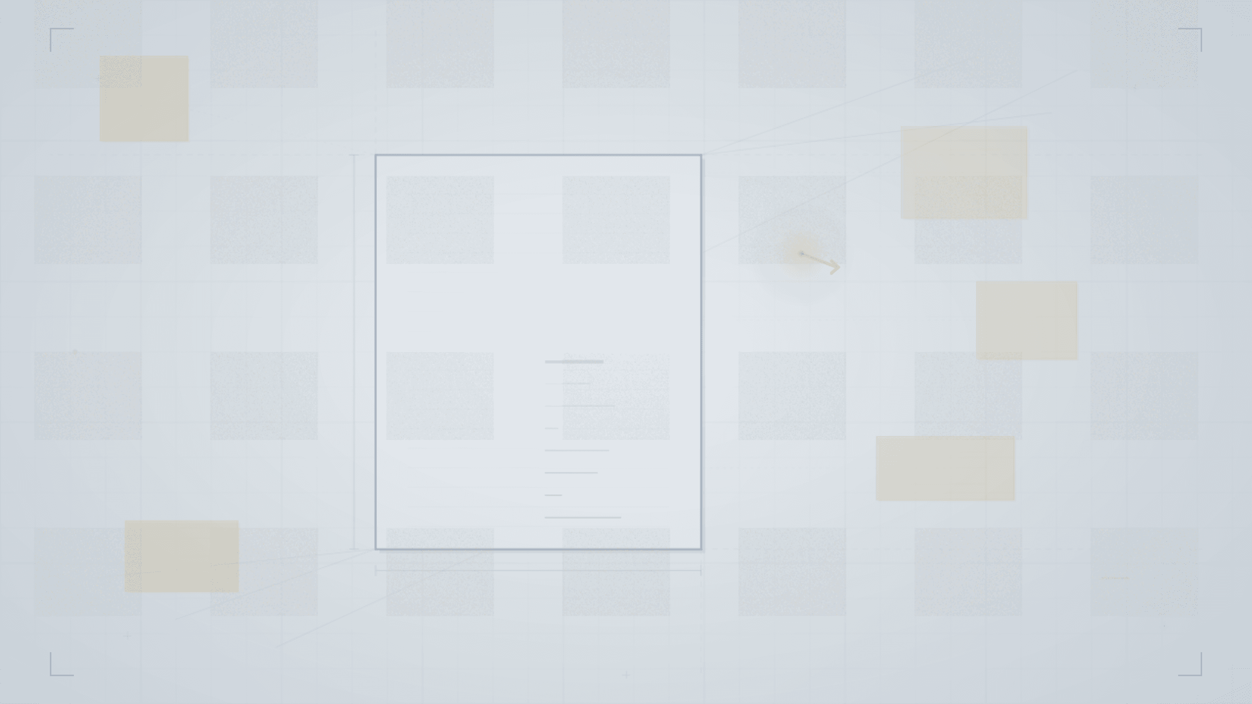 Abstract blueprint-style composition on pale blue-gray of a large empty outlined rectangle with dimension annotations and construction scaffolding radiating outward, small ochre-tinted satellite shapes orbiting, and one corner filling with structured marks — evoking a blank creative brief becoming a production plan.