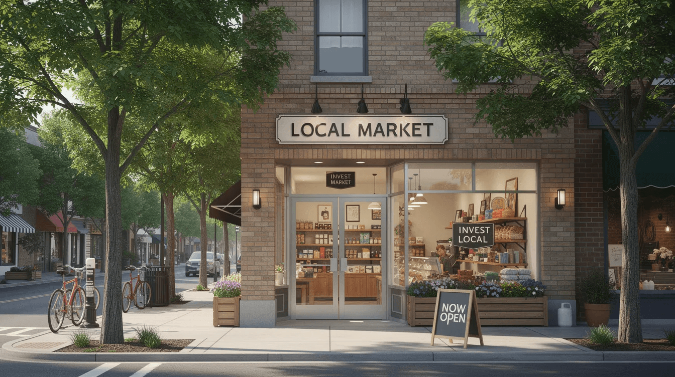 The image depicts a charming small business storefront nestled on a tree-lined street, symbolizing local business investment opportunities. This scene highlights the potential for profits and investment options that many business owners can explore, emphasizing the importance of understanding tax implications and seeking advice from tax professionals.