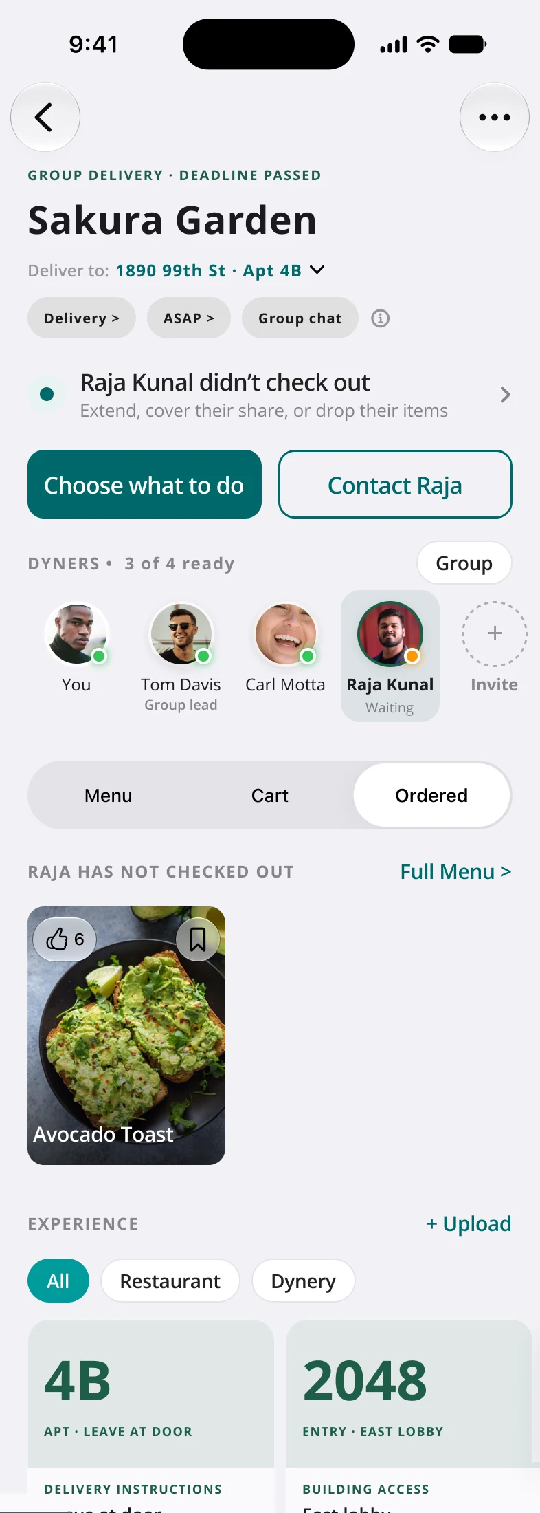 Group delivery Session Home after the deadline: Raja Kunal didn’t check out, with buttons Choose what to do and Contact Raja, and a roster of four with Raja marked waiting.