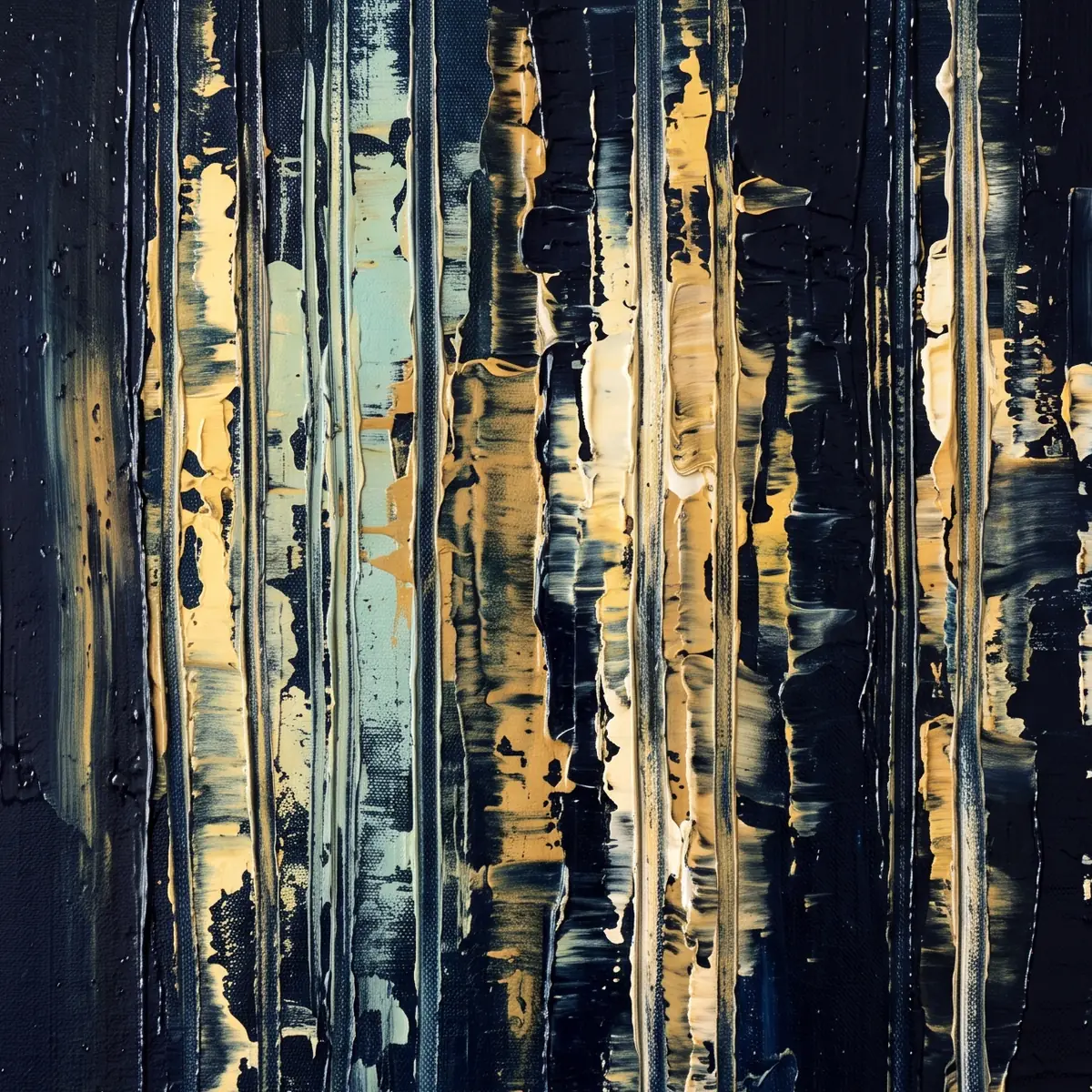 Album cover: vertical streaks of gold and blue paint like harbour lights on black water