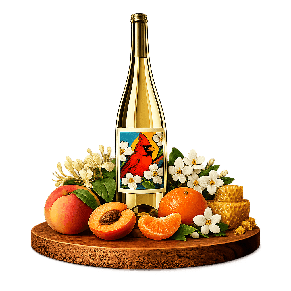 Artistic label and flavor profile for Virginia Viognier on a rustic wooden table.