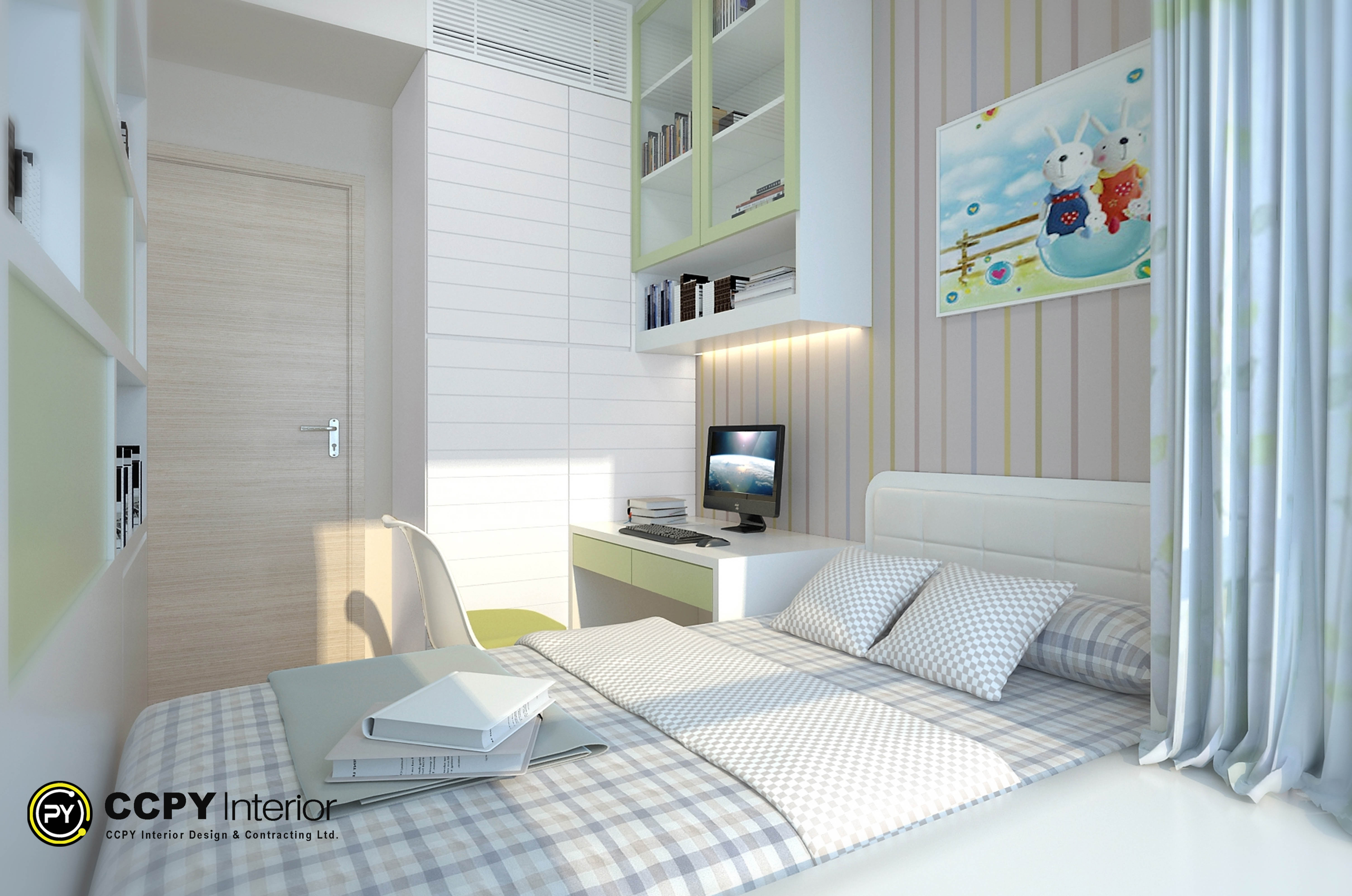 Rhythmic texture flows through the small bedroom design at Castello, featuring an integrated desk and overhead glass shelving.