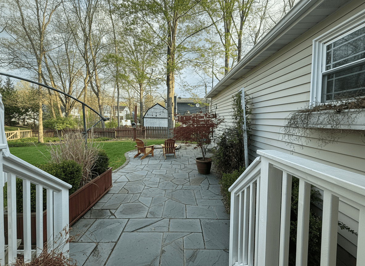 Mid-range bluestone. Irregular Pennsylvania bluestone slabs in a casual dry-laid pattern, garden bed filled with ornamental grasses, red Japanese maple as focal point, two Adirondack chairs at the far end