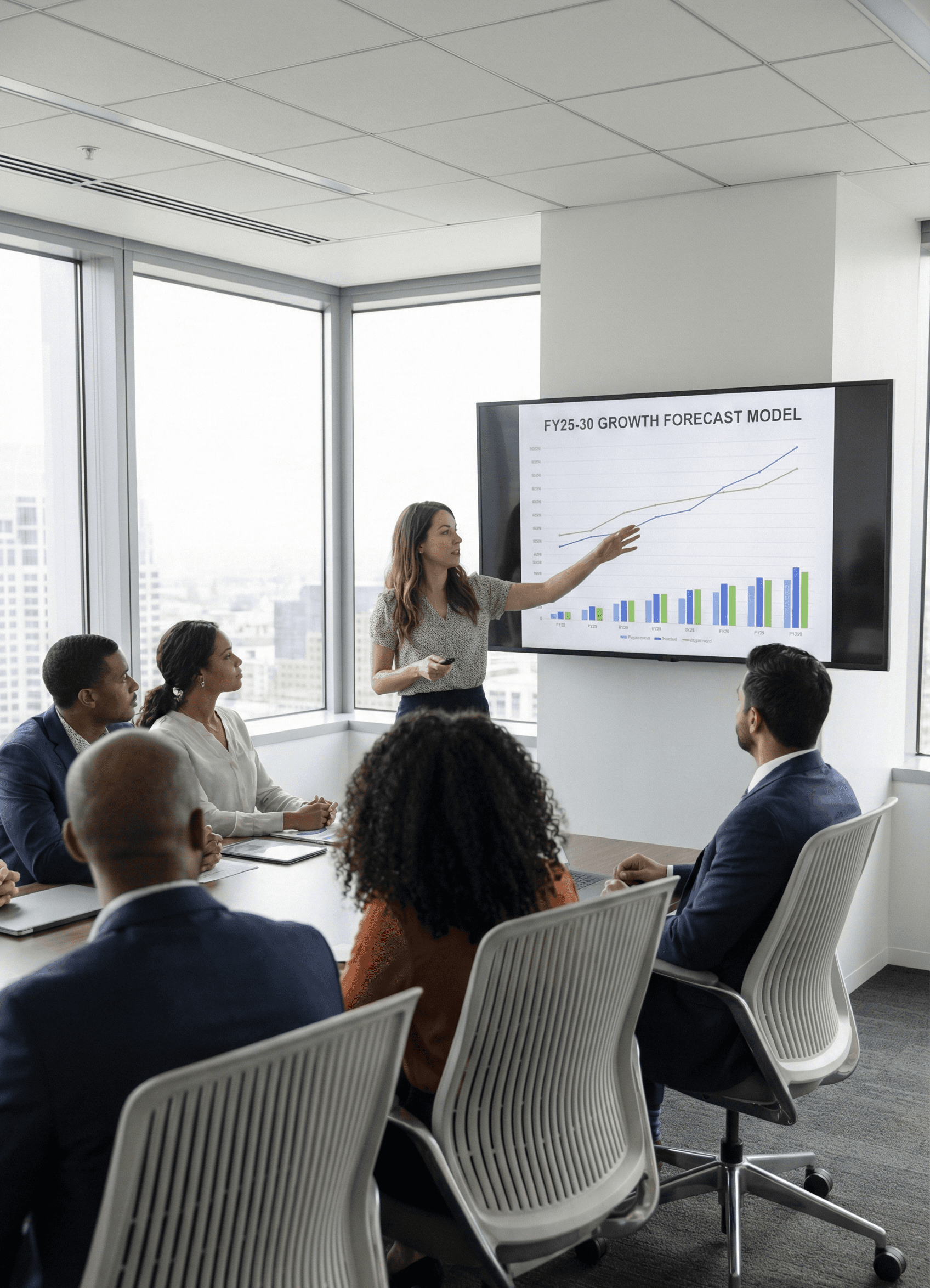 A financial analyst presenting a growth forecast model on a large screen to a group of stakeholders.