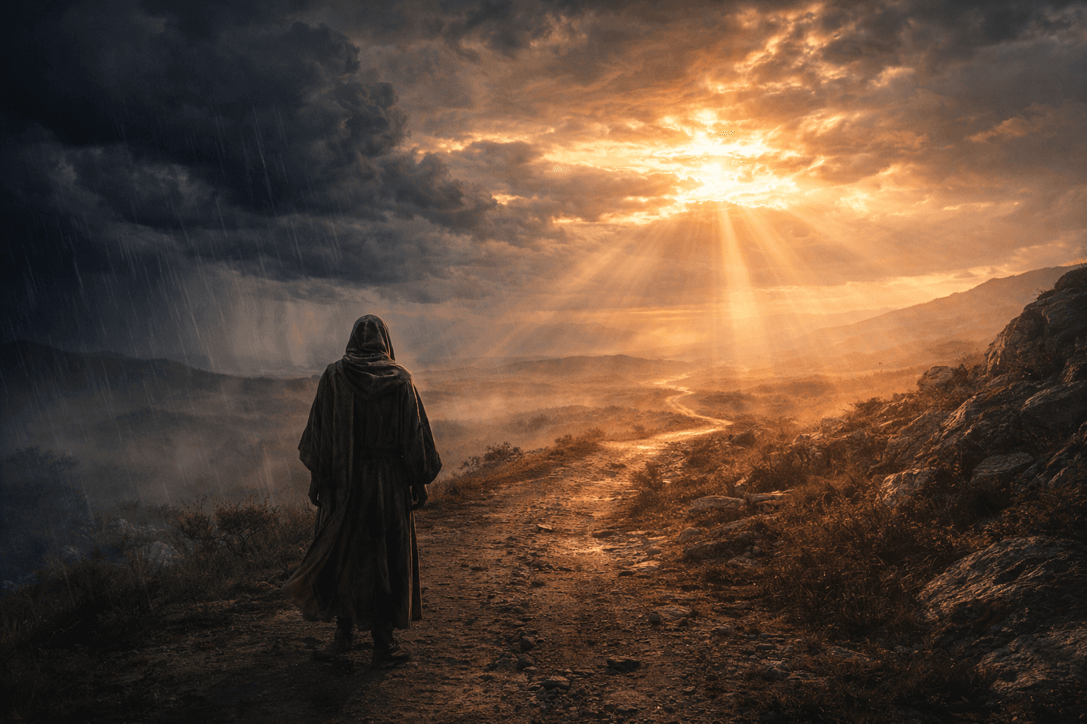A robed biblical figure walking through storm and rain toward golden sunlight breaking through dark clouds over a winding path