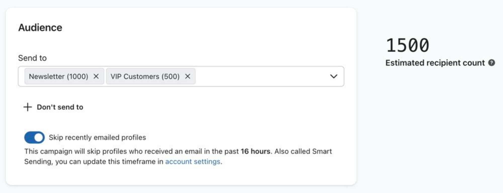 "A screenshot showing the audience selection interface for an email campaign. Includes selected segments like Newsletter (1000) and VIP Customers (500) with Smart Sending toggled on to skip recently emailed profiles."