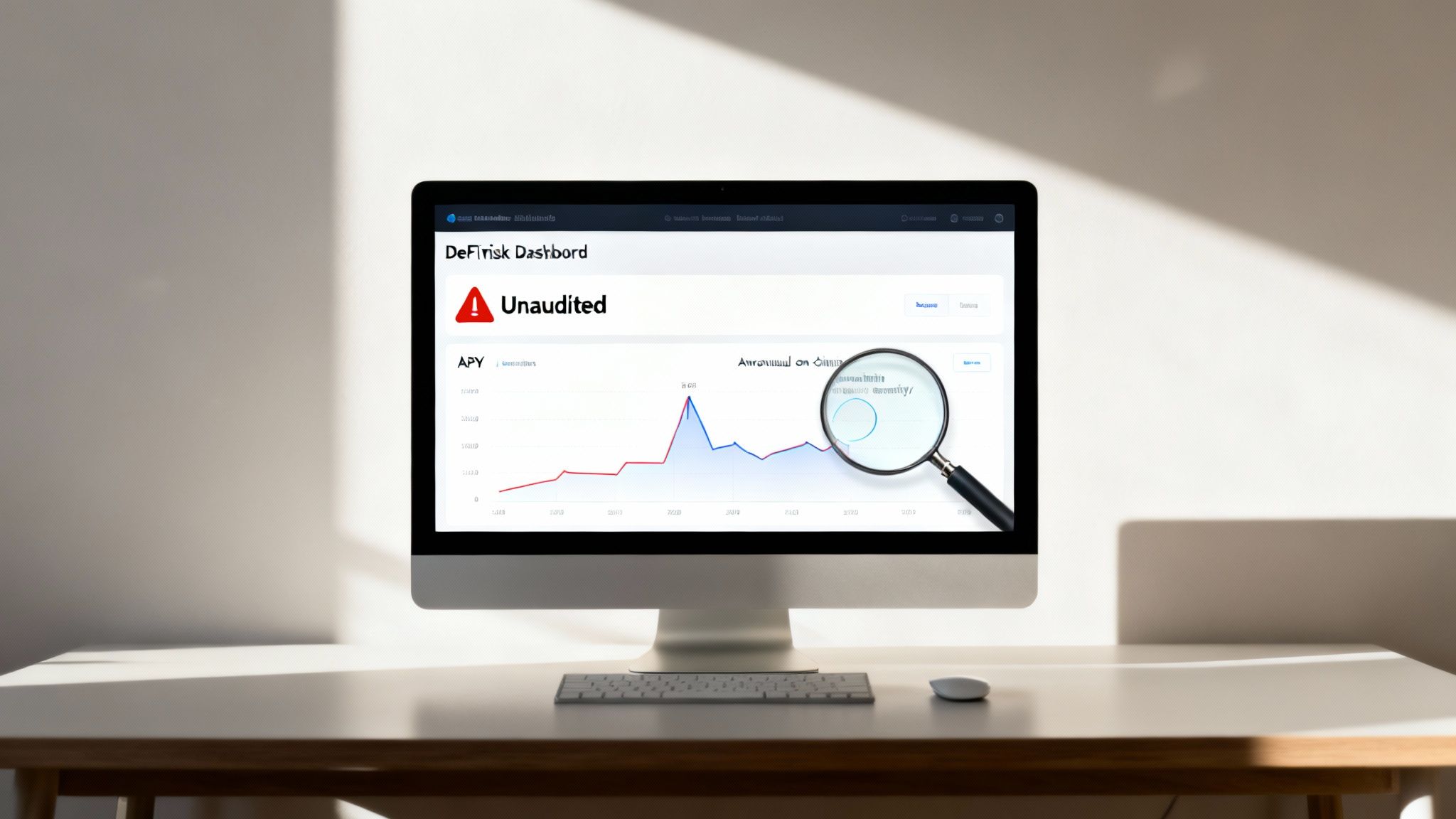 A desktop computer displays a 'DeFisk Dashboard' with a line graph and an 'Unaudited' warning.