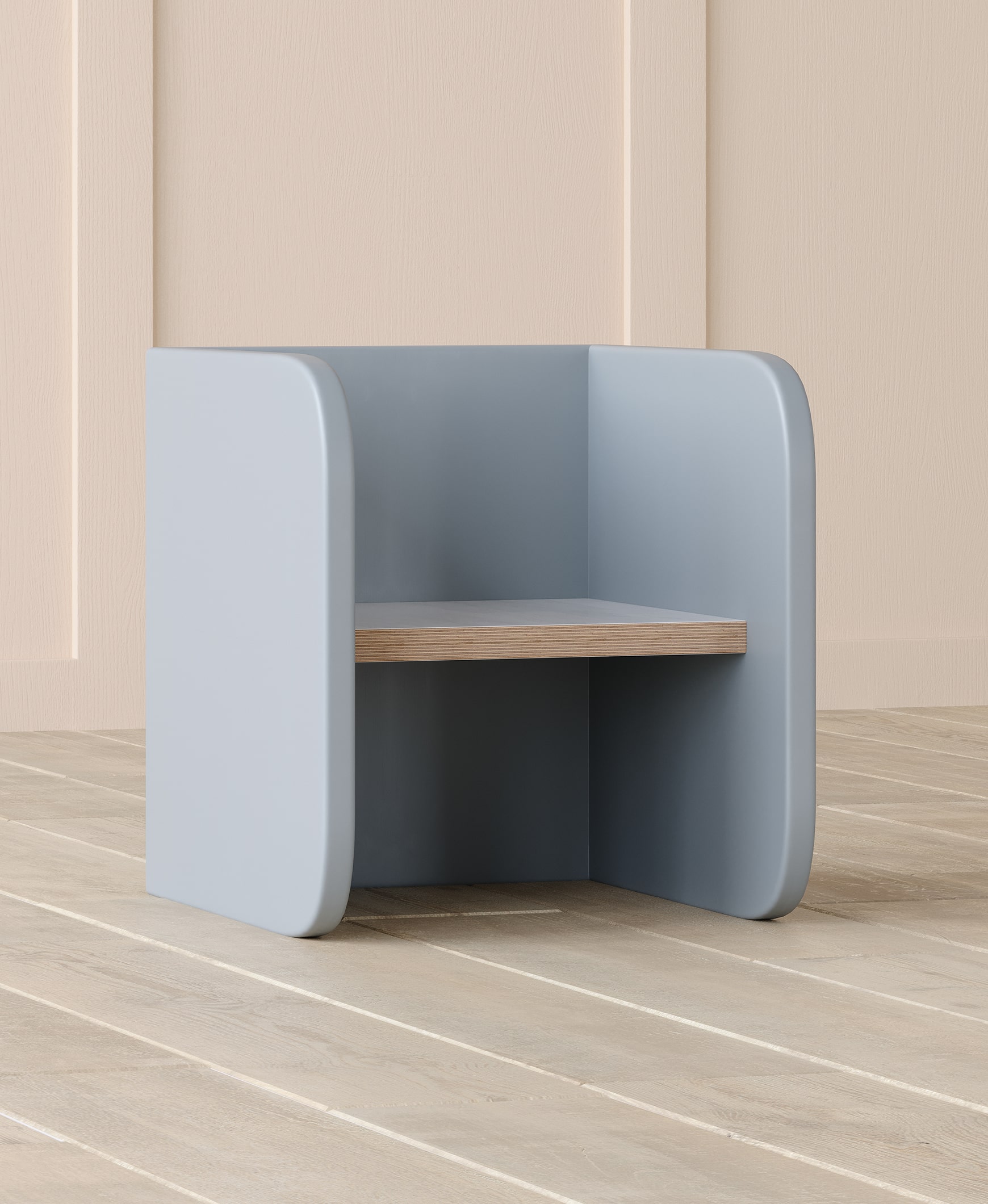 Modern side table with curved panels and wooden shelf in minimal interior