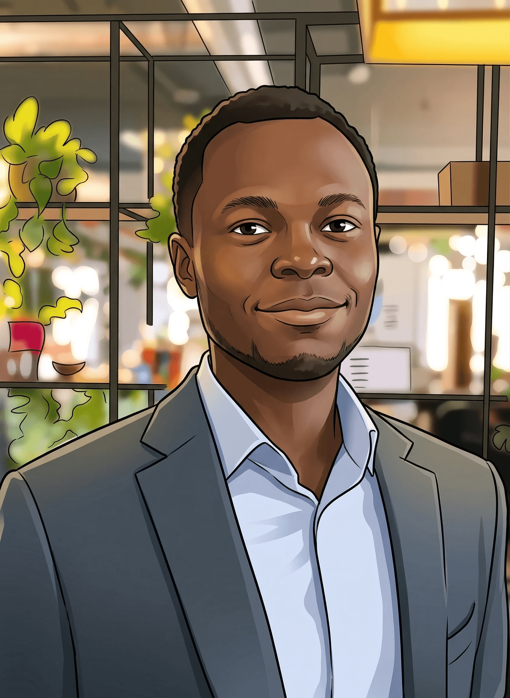 Illustrated headshot of James Morton wearing a grey blazer and light blue shirt, standing in front of an office window with plants and city views.