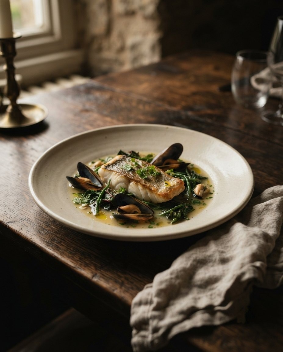 Gurnard, mussels, sea beet