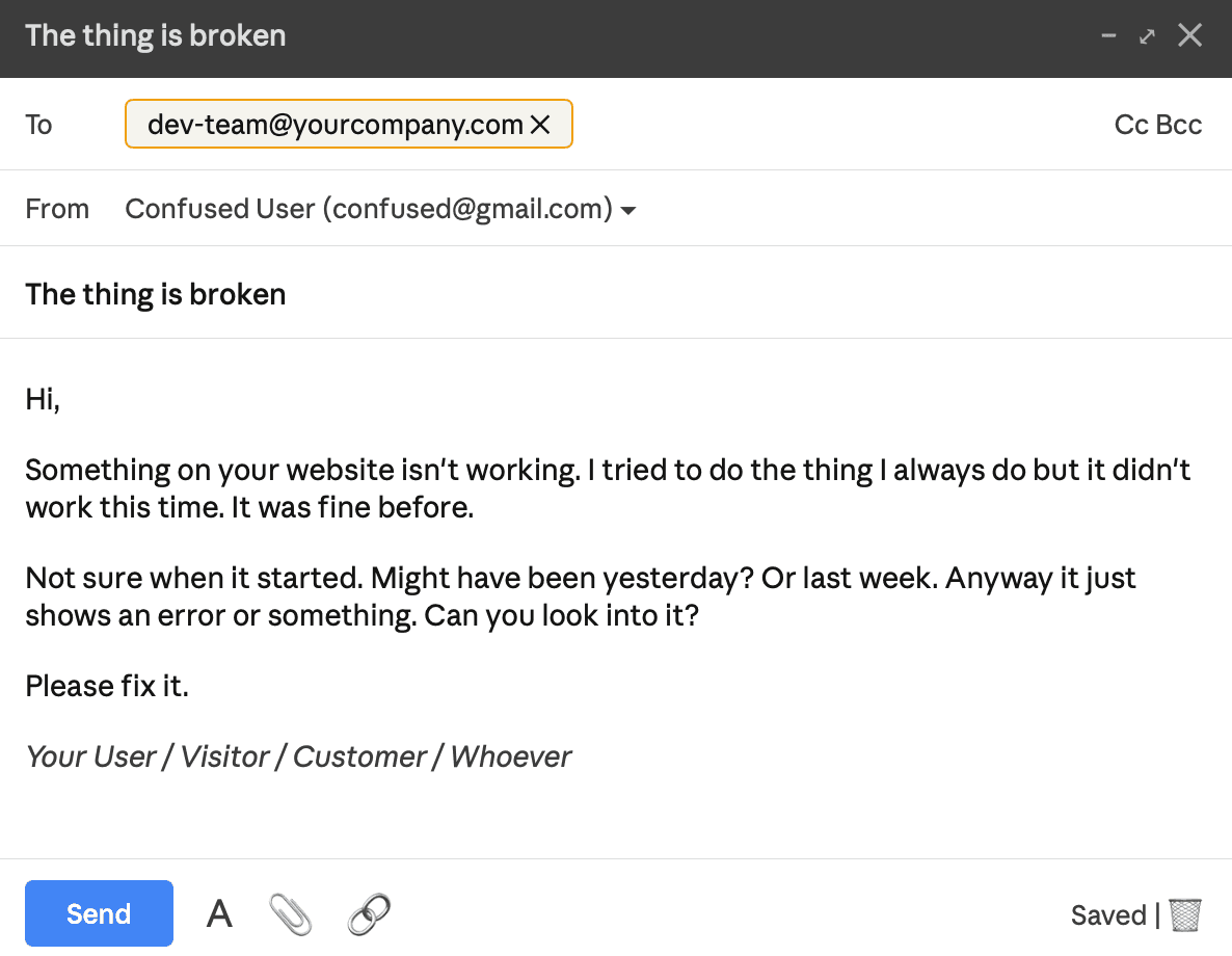 Vague customer bug report shown in an email screenshot