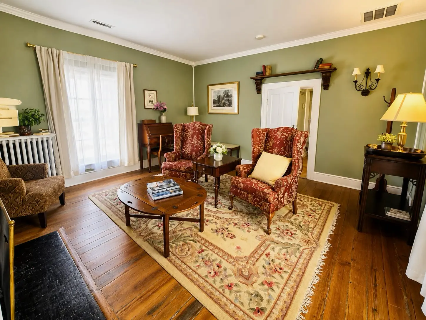Traditional living room with fireplace and horse painting.