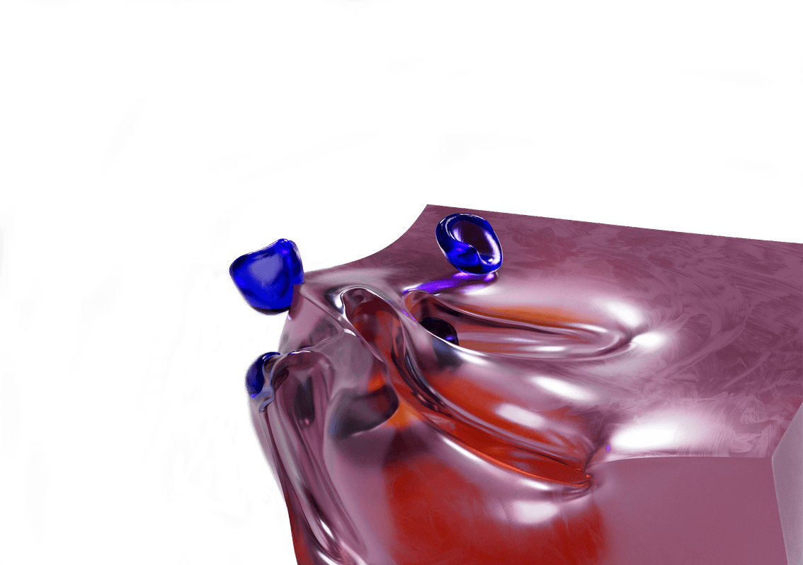 Abstract 3D cube with glossy pink, red, and blue shapes on a high-contrast bright background.