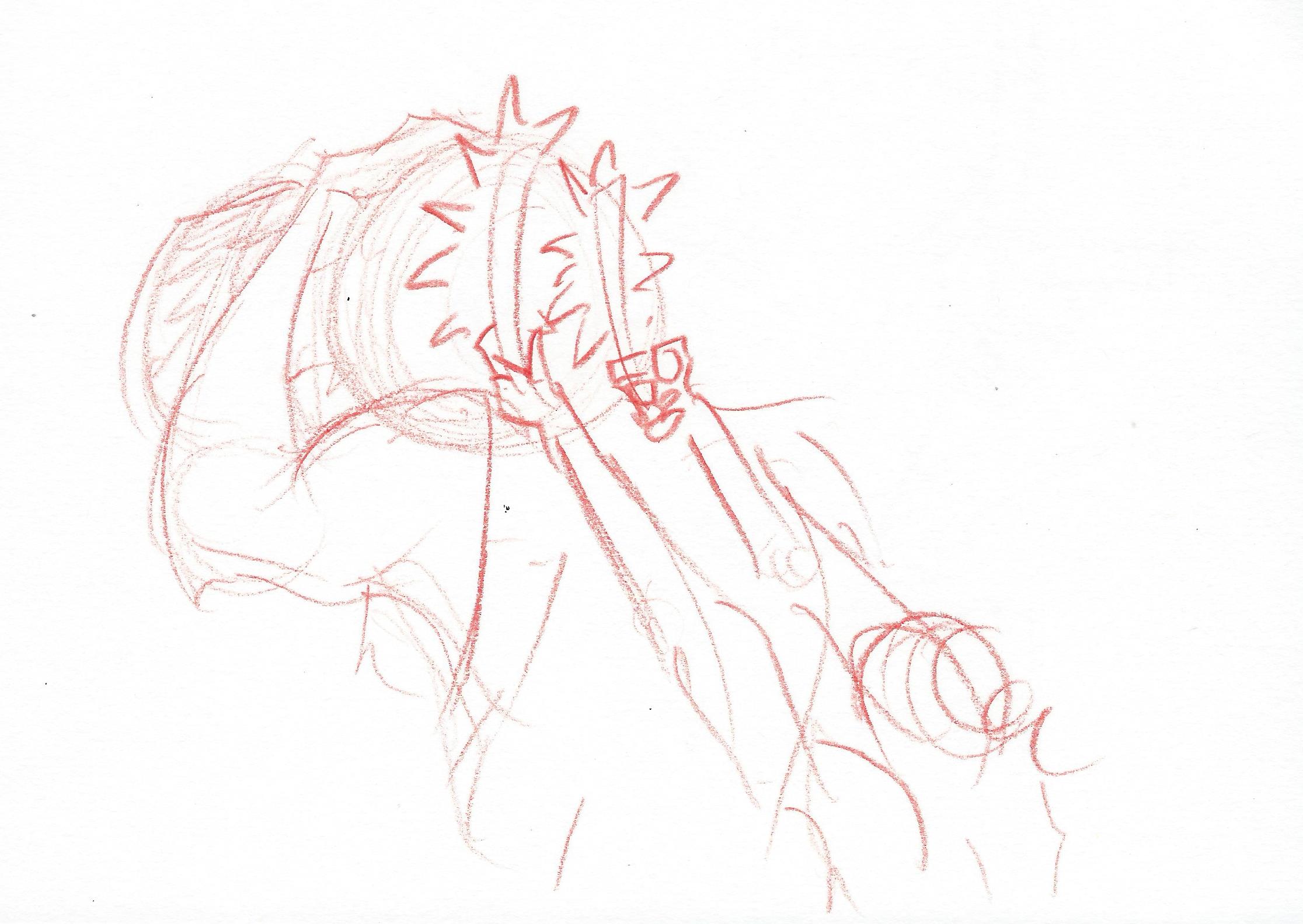 A sketch drawing showing a large, muscular person hodling a drum over their legt shoulder, while another short person, tries to drum on the drum from behind.