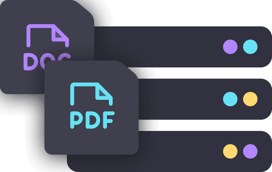 DOC and PDF file icons stacked over a list of rows with colorful dot indicators, on a dark background.