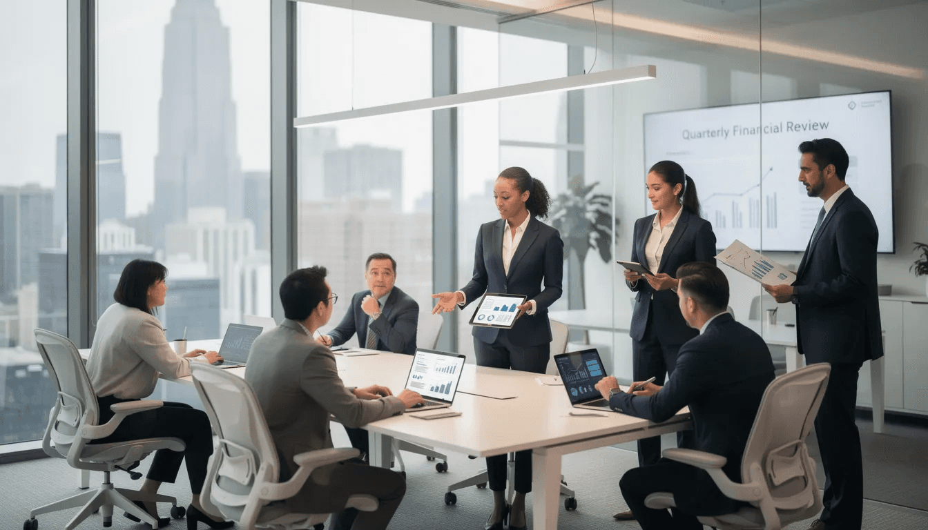 The image depicts a diverse group of financial professionals engaged in discussion within a modern office setting, highlighting collaboration in investment strategies related to hedge funds and private equity. The professionals, representing various backgrounds, illustrate the dynamic environment of financial institutions focused on private equity investments and alternative investments.