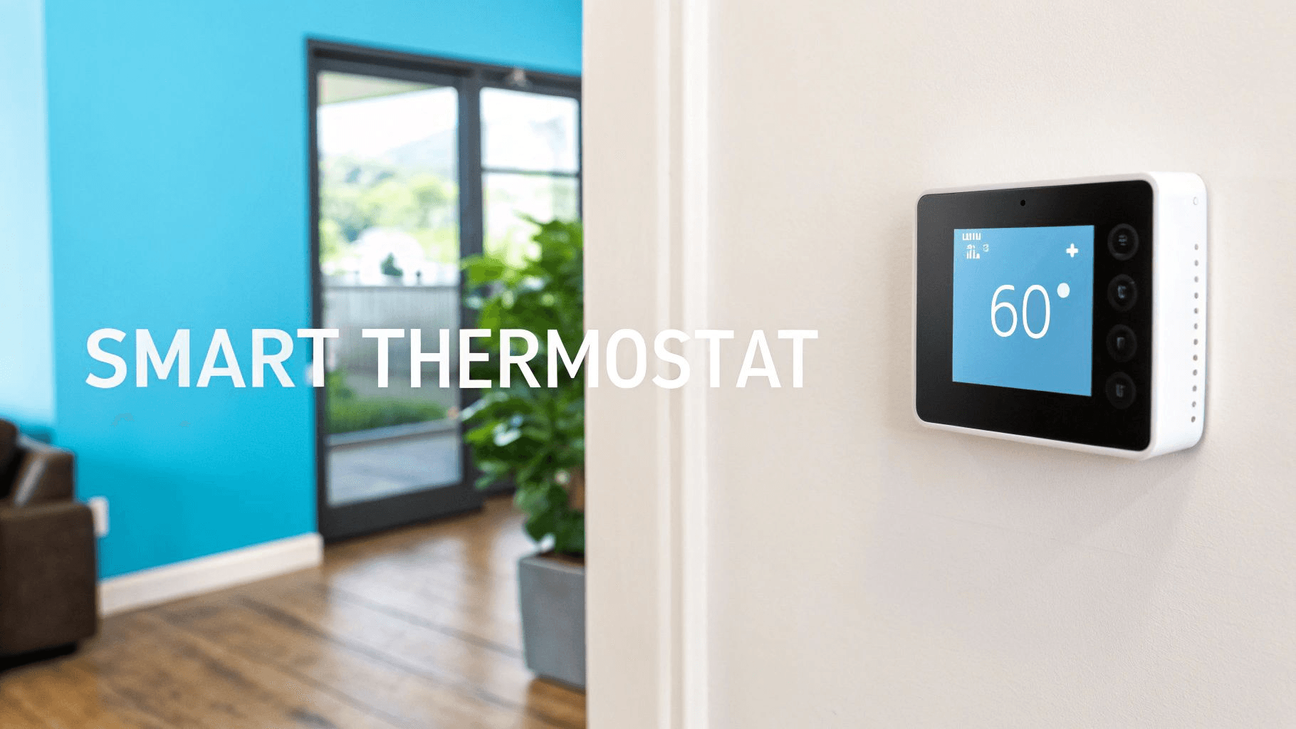 a thermostat on a blue wall with the text 'smart thermostat'