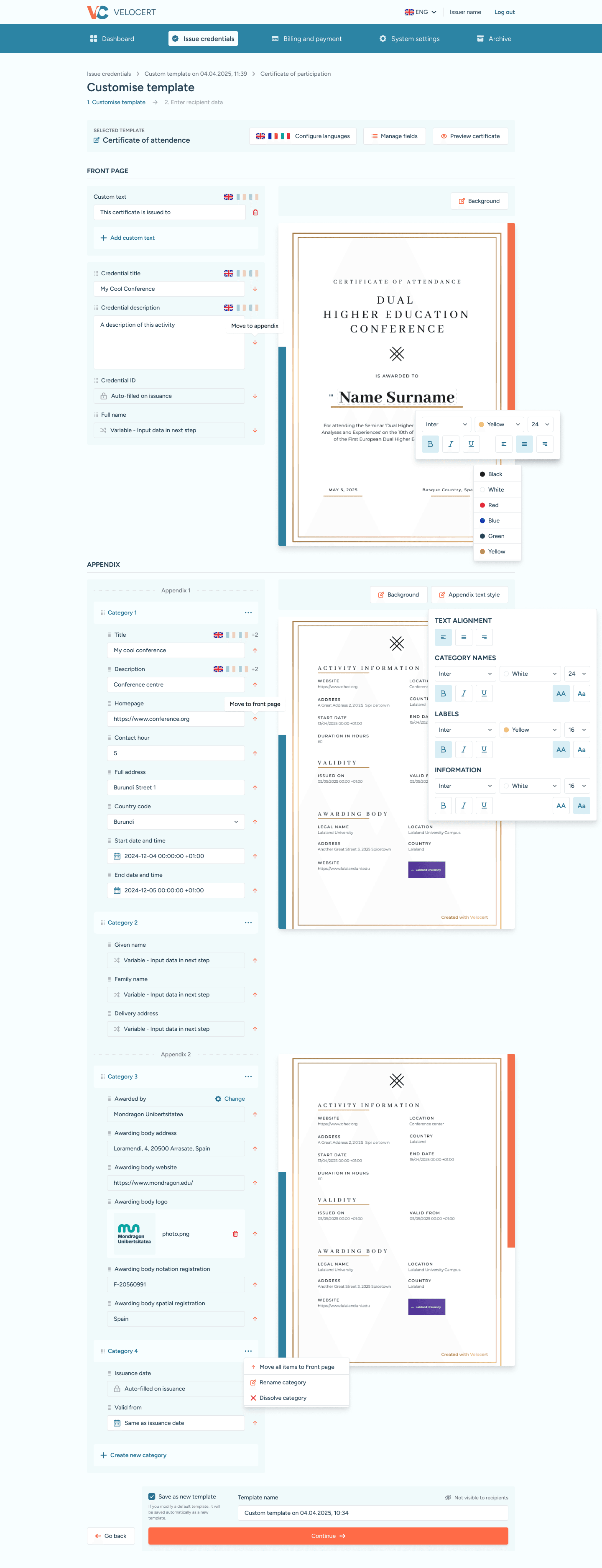 Velocert editing a credential