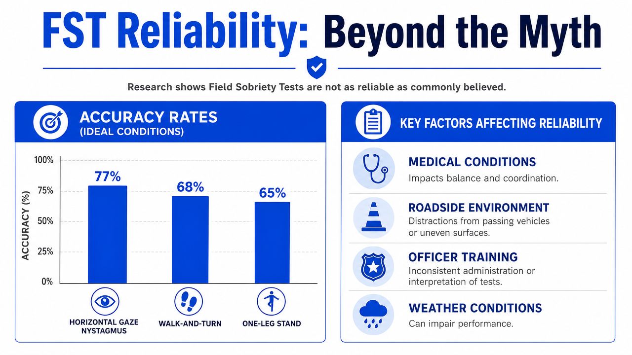 An infographic showing accuracy rates of field sobriety tests and common factors affecting their reliability.