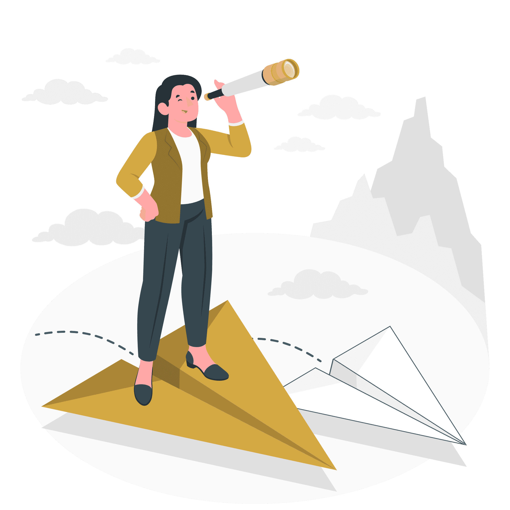 A woman on a flying paper airplaine looking at mountains in the distance with a telescope