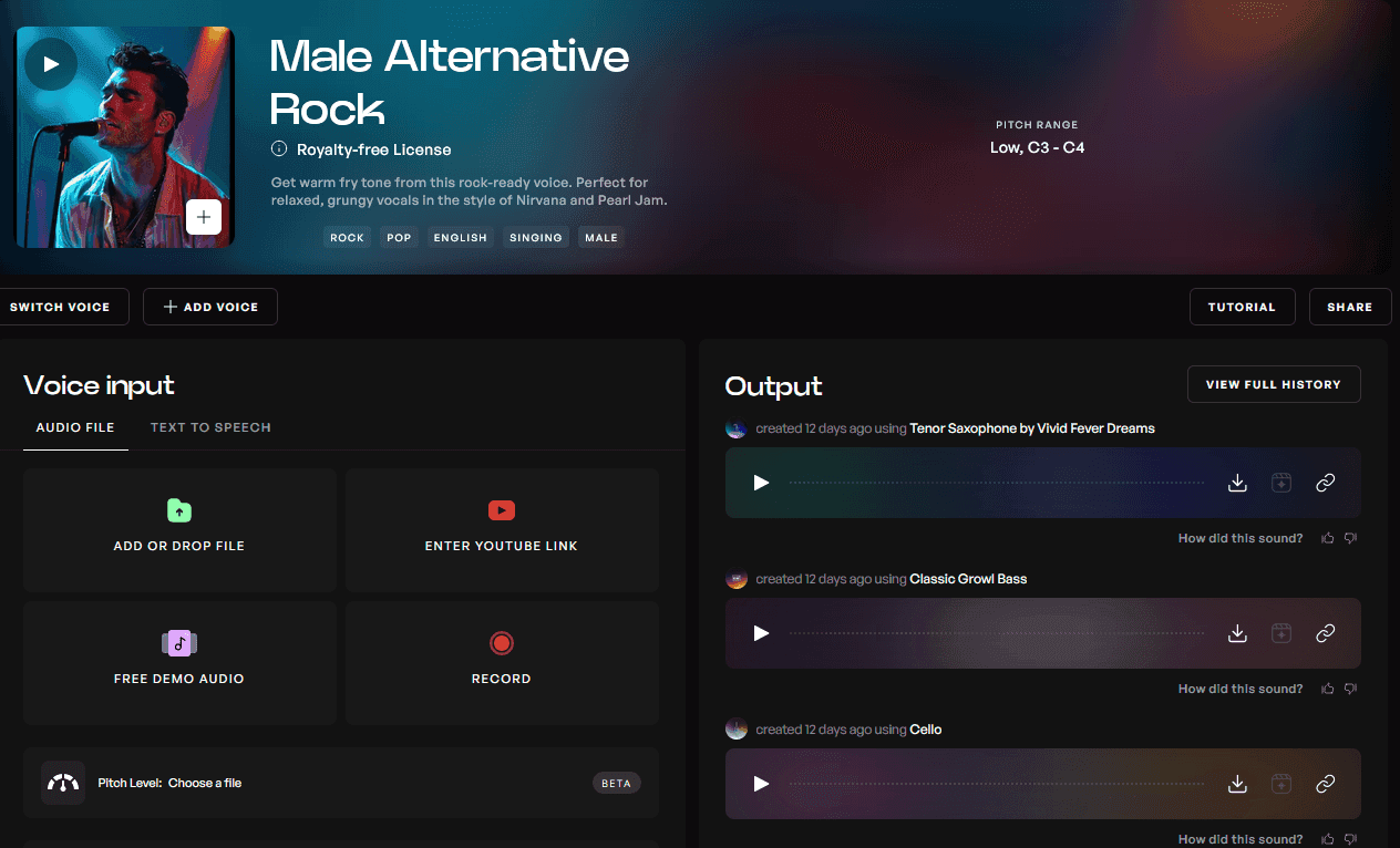 Kits AI conversion page with the male alternative rock voice selected