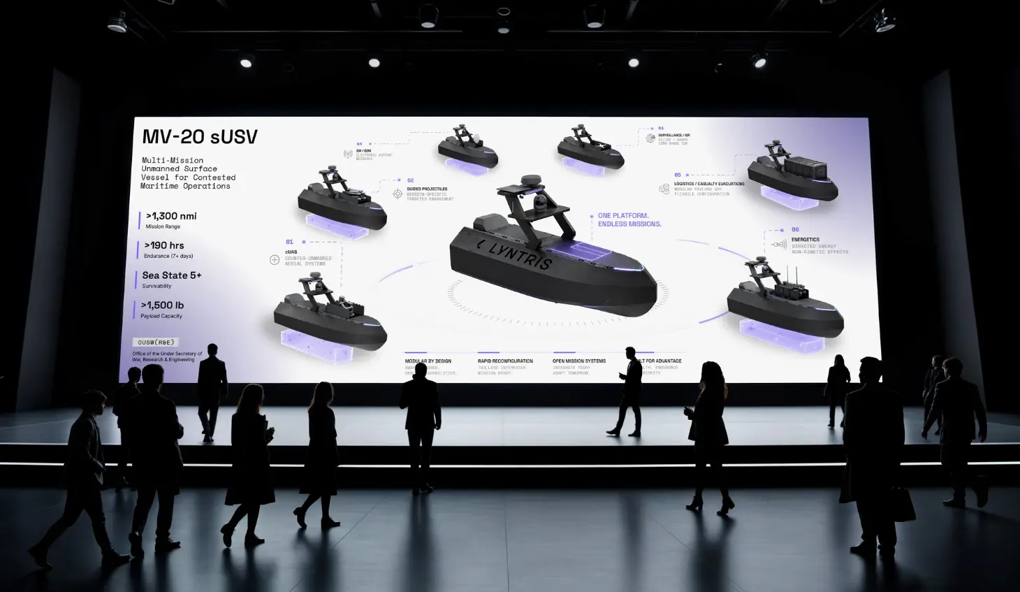 Silhouetted attendees face a large screen displaying the MV-20 SUSV unmanned surface vehicle, including specifications and labeled mission modules, with guidance-style diagrams and drone-like icons under stage lighting for defense tech storytelling.