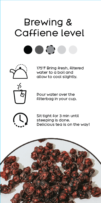 brewing instructions and caffiene levels with minimalist iconography. there's a photo of a close up of dried berries on the bottom of the label
