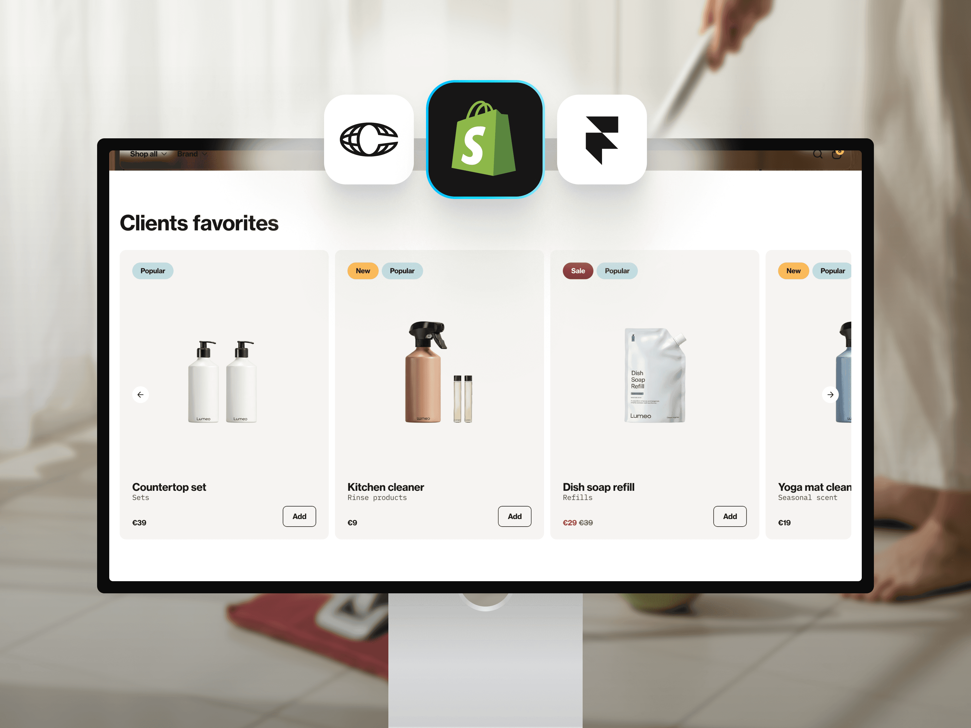 Modern Framer eCommerce template storefront showcasing skincare product cards with clear Shopify and Framer integration icons.