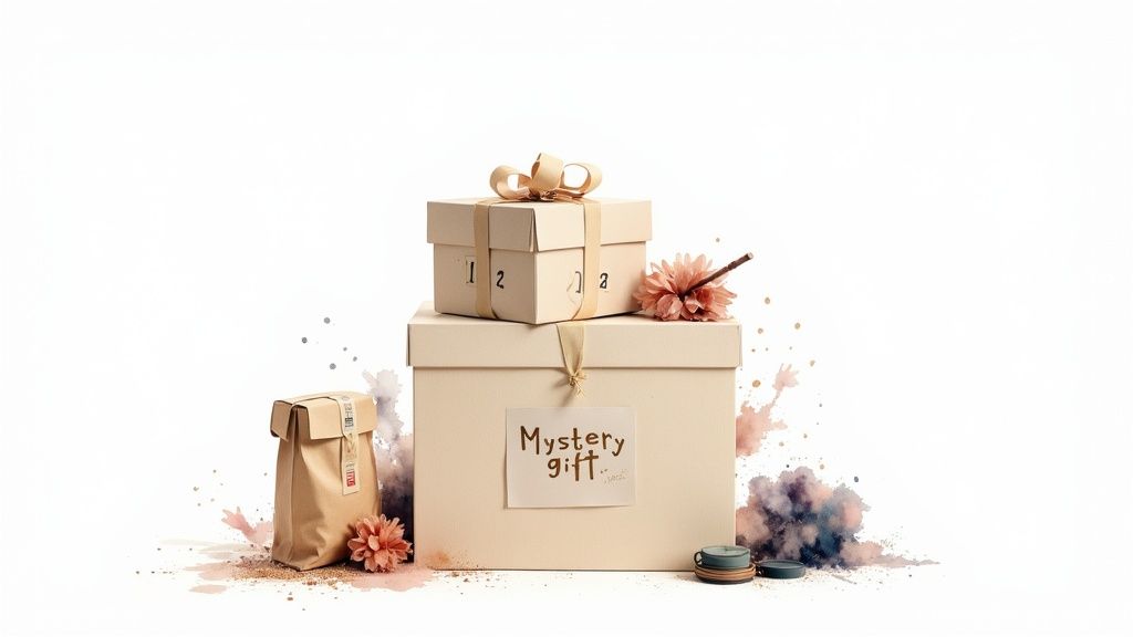 A creative image featuring stacked gift boxes, a paper bag, and flowers with watercolor splashes, labeled 'Mystery gift'.