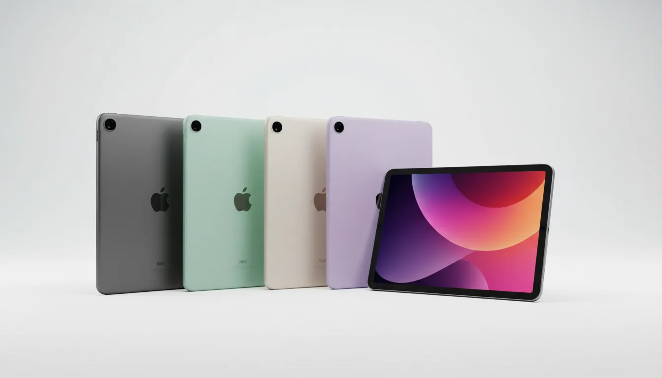Product photography of the Apple iPad Mini lineup, fanned out in an elegant array against a clean, minimalist white background under soft studio lighting. Four iPads are shown from the back, revealing their matte aluminum finish in space gray, pastel green, starlight, and lavender. A fifth iPad Mini is in the foreground, turned towards the viewer, its screen displaying a vibrant, abstract wallpaper with flowing shapes in shades of purple, magenta, and orange. Clean commercial aesthetic, high-resolution, sharp focus on all devices.