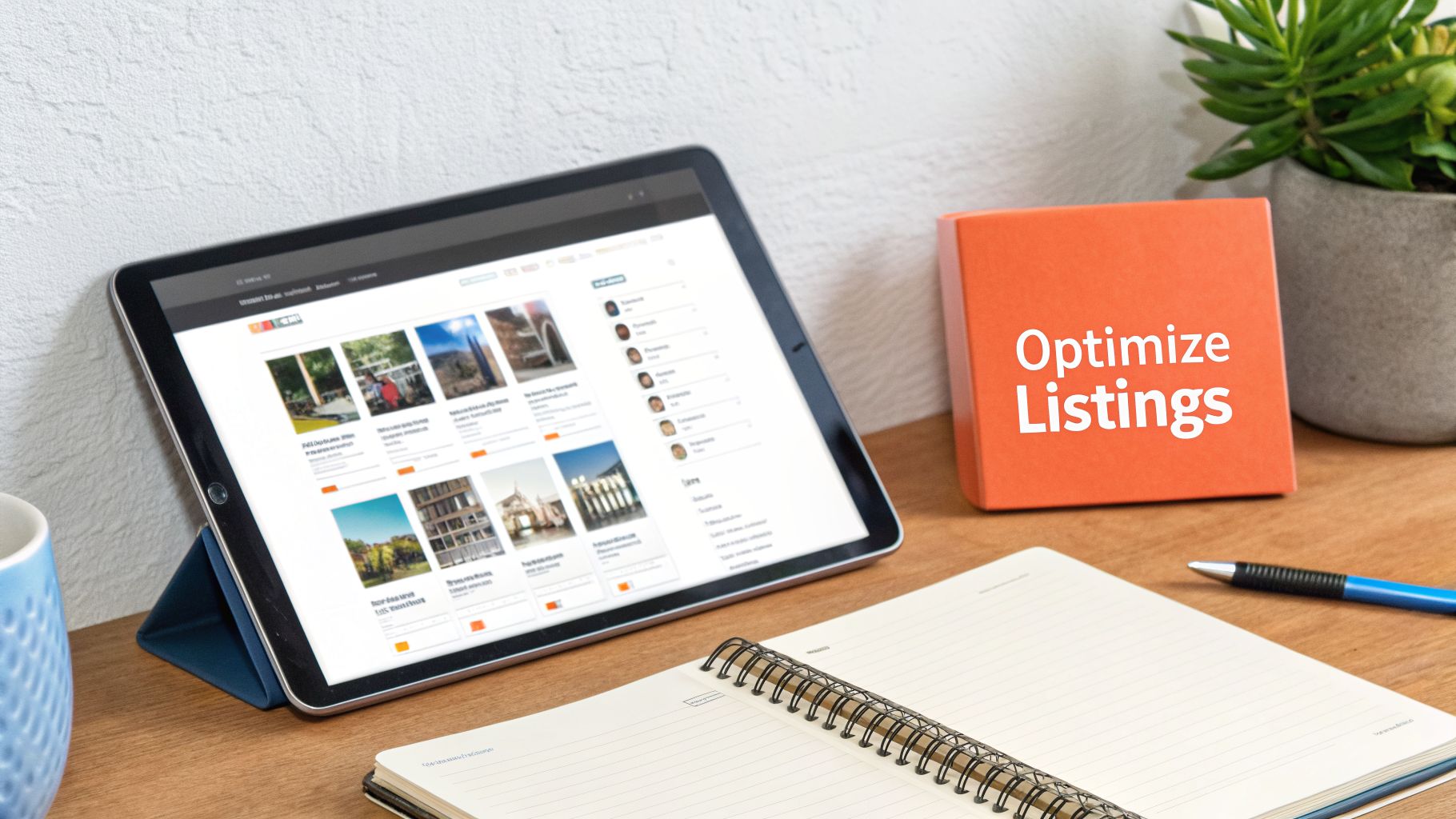 A tablet displaying online listings, an 'Optimize Listings' box, a notebook, and a pen on a wooden desk.