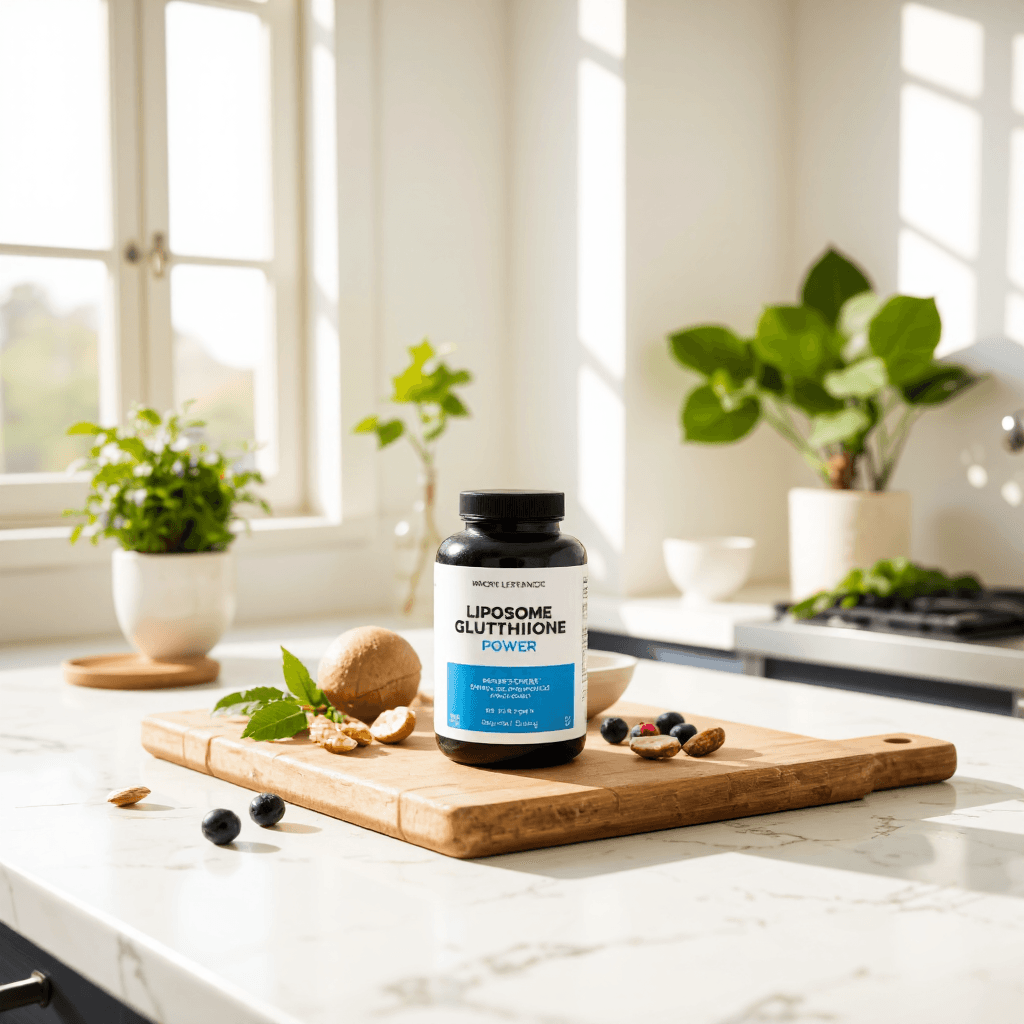 product photography of bottle of liposome glutathione power supplement